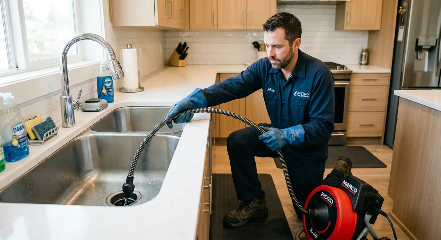 Drain cleaning technician using a motorized snake on a kitchen sink in Lake Dallas