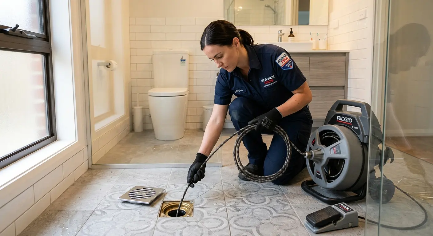 Technician clearing a bathroom floor drain for Sewer Line Replacement in Lake Dallas